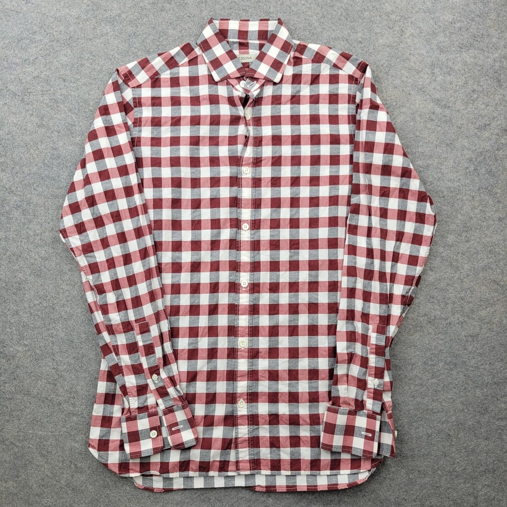 Z Zegna‎ Shirt Mens Medium Red Check Cotton Silk Button Front Long Sleeve Casual